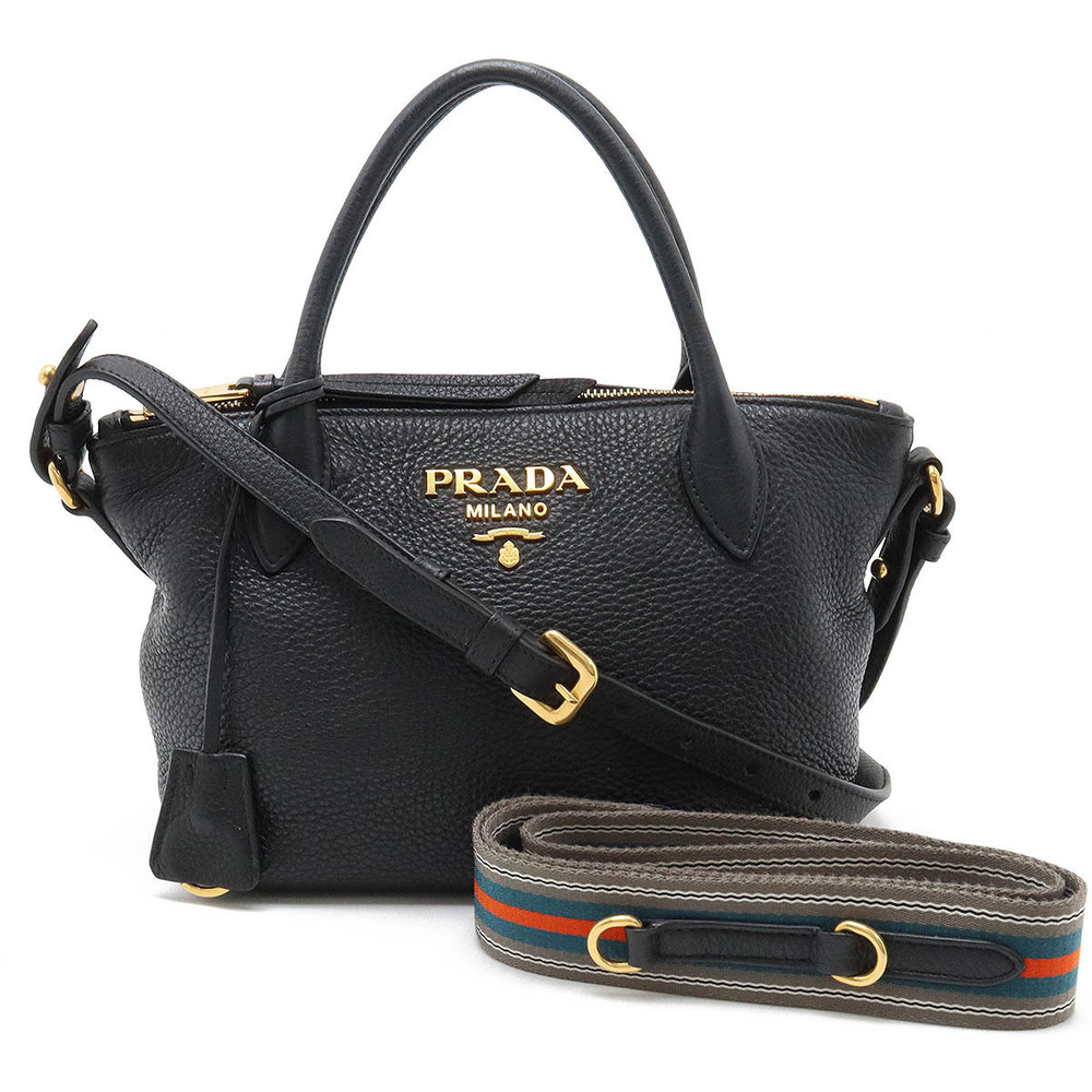 Prada Vitello Daino Handbag Shoulder Striped Leather NERO Black Multicolor